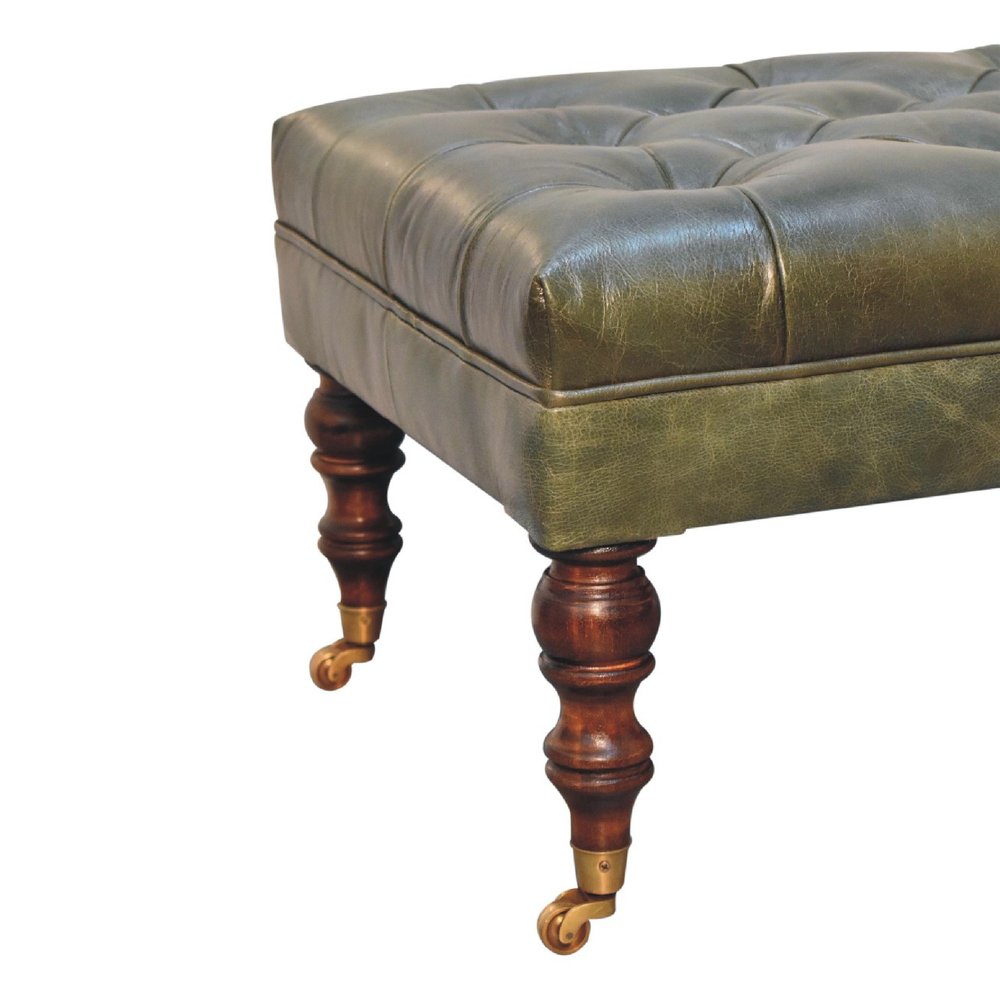 35" Green And Walnut Rolling Genuine Leather Tufted Ottoman