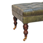 35" Green And Walnut Rolling Genuine Leather Tufted Ottoman