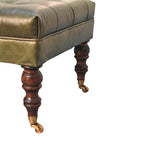 35" Green And Walnut Rolling Genuine Leather Tufted Ottoman