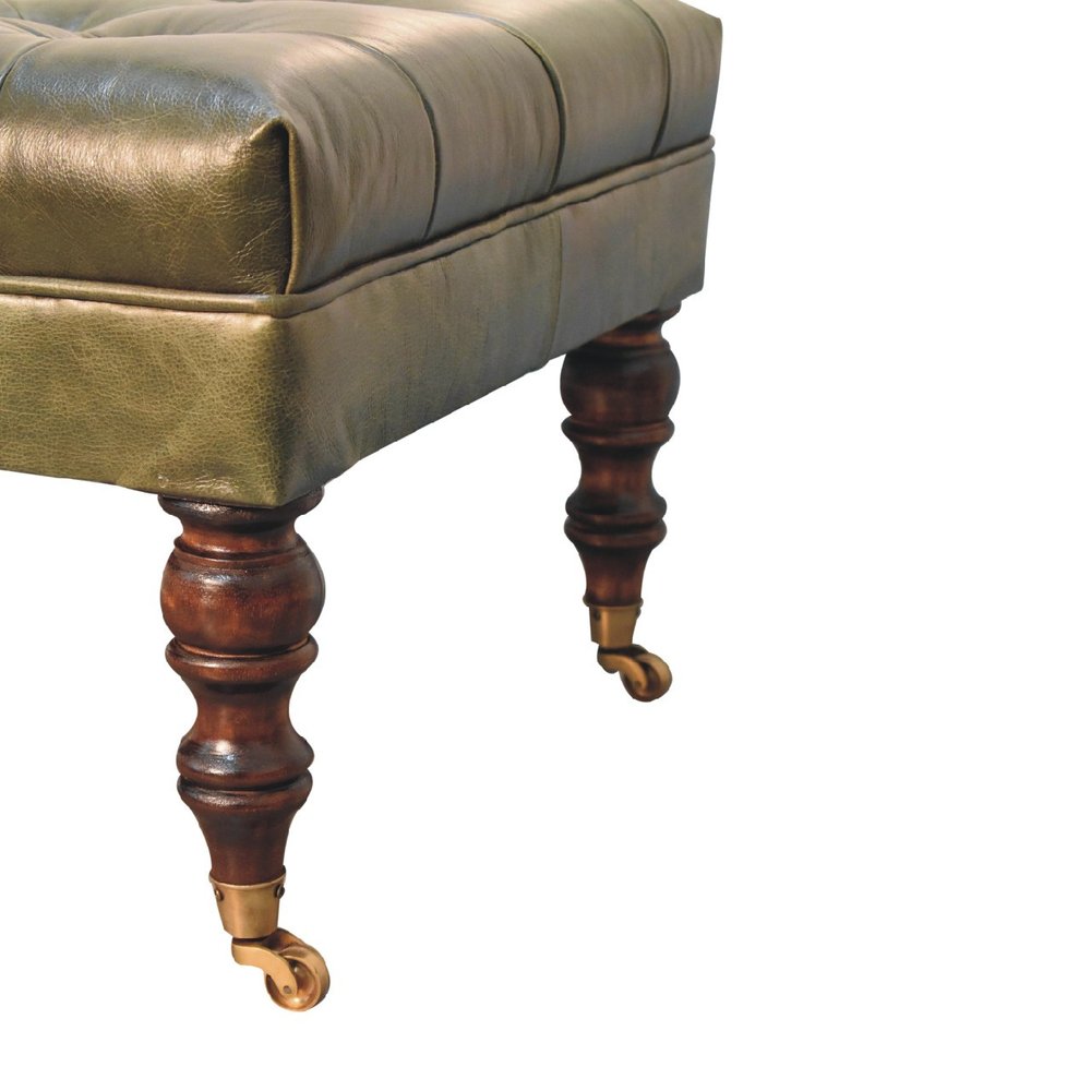 35" Green And Walnut Rolling Genuine Leather Tufted Ottoman