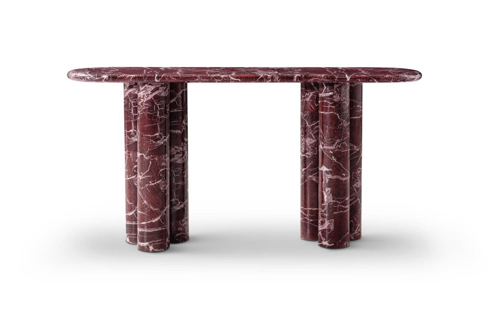 60" Red Genuine Marble Oval Double Pedestal Console Table