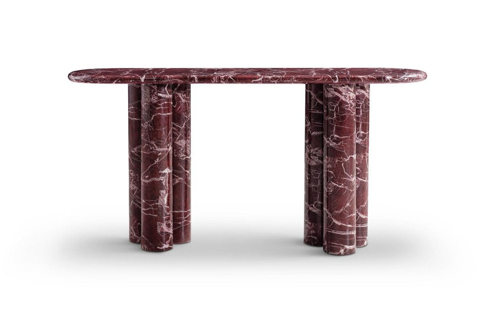 60" Red Genuine Marble Oval Double Pedestal Console Table