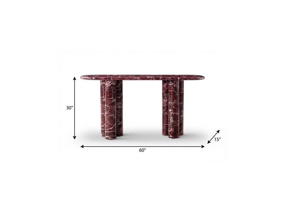 60" Red Genuine Marble Oval Double Pedestal Console Table