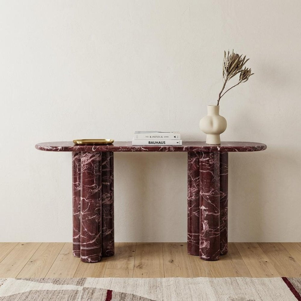 60" Red Genuine Marble Oval Double Pedestal Console Table