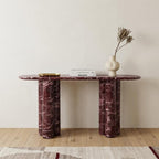 60" Red Genuine Marble Oval Double Pedestal Console Table