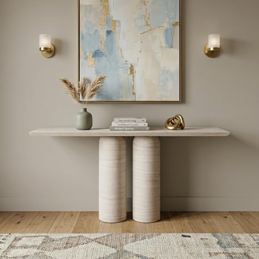60" Beige Genuine Marble Pedestal Console Table