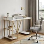47" White and Gold Wood and Steel Pedestal Computer Desk