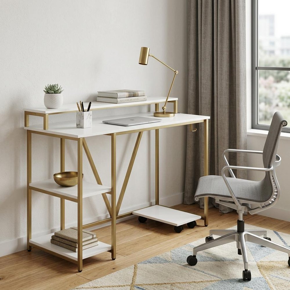 47" White and Gold Wood and Steel Pedestal Computer Desk