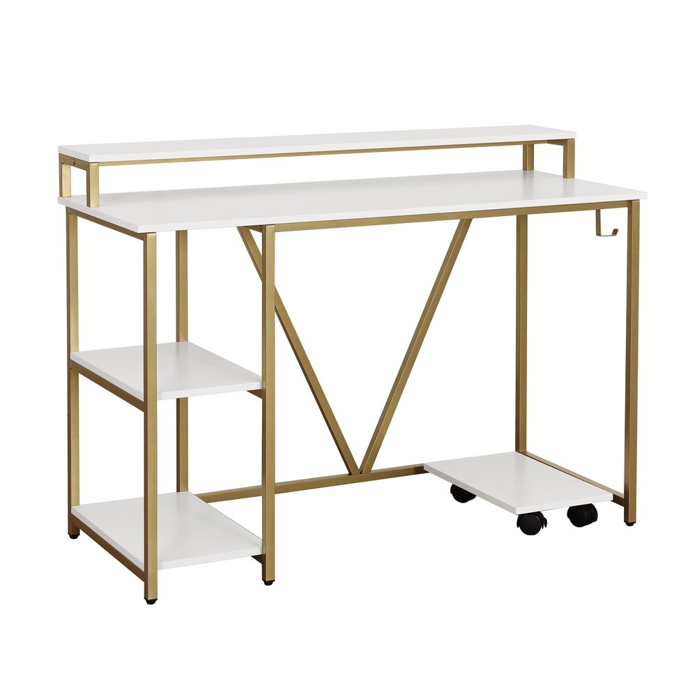 47" White and Gold Wood and Steel Pedestal Computer Desk