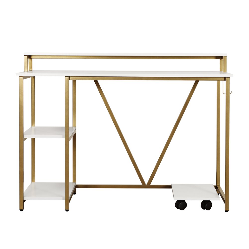 47" White and Gold Wood and Steel Pedestal Computer Desk