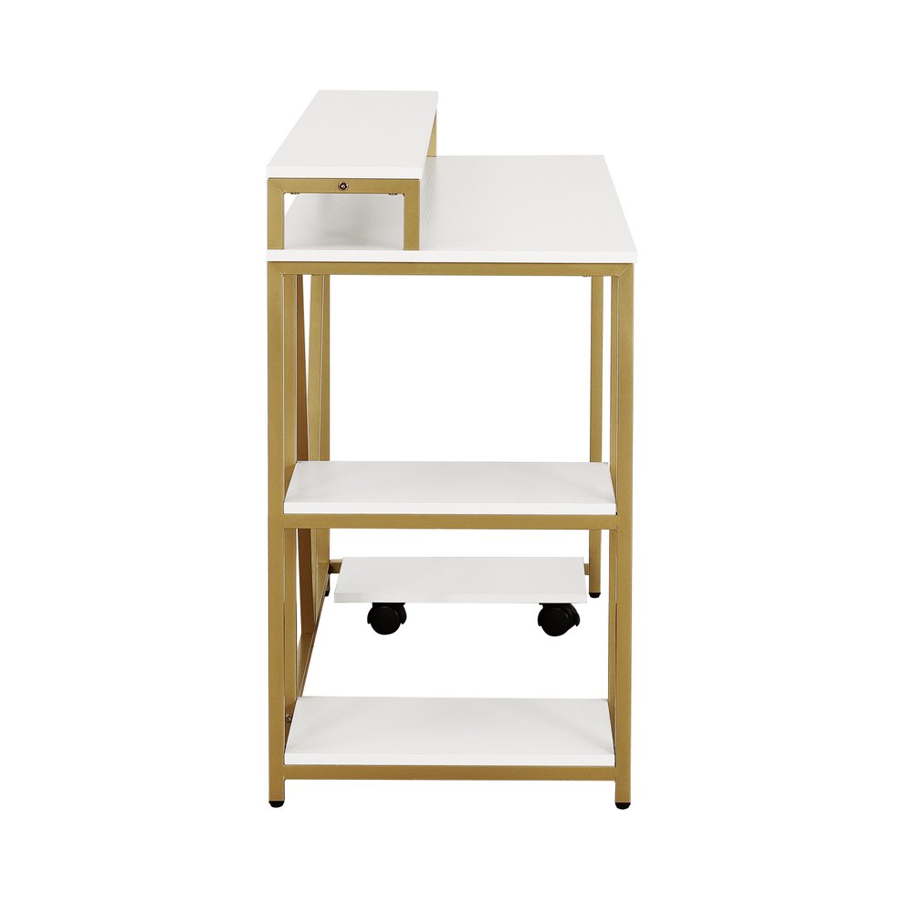 47" White and Gold Wood and Steel Pedestal Computer Desk