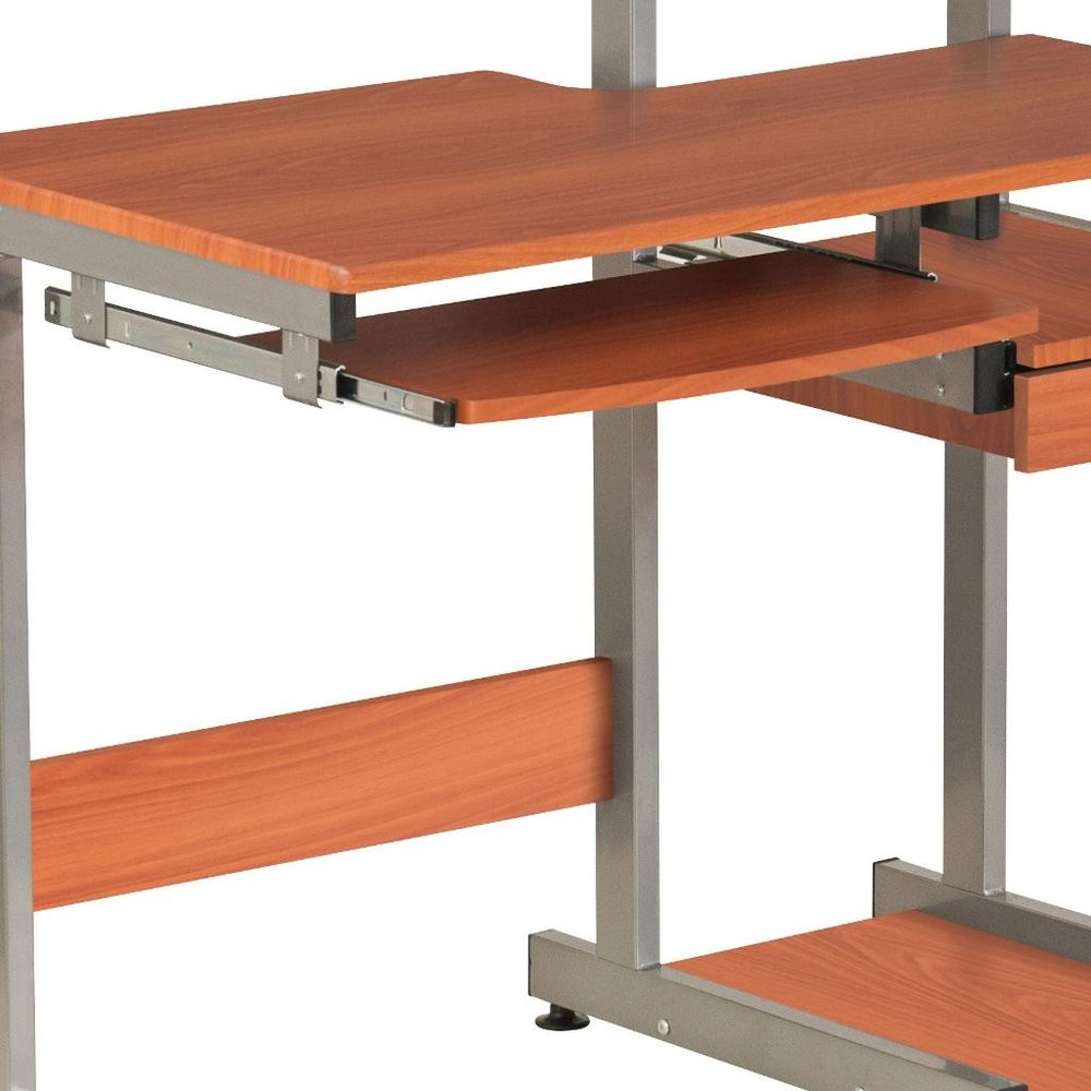 38" Oak and Silver Wood and Steel Sled Computer Desk