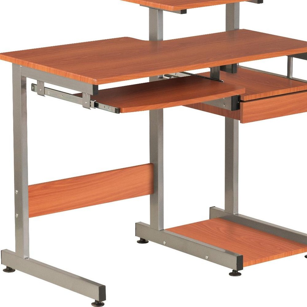 38" Oak and Silver Wood and Steel Sled Computer Desk