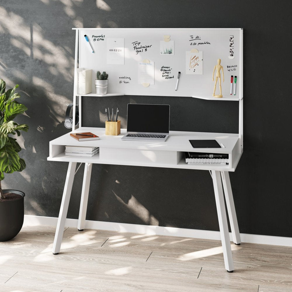 47" White Wood Computer Desk With Magnetic Dry Erase Board