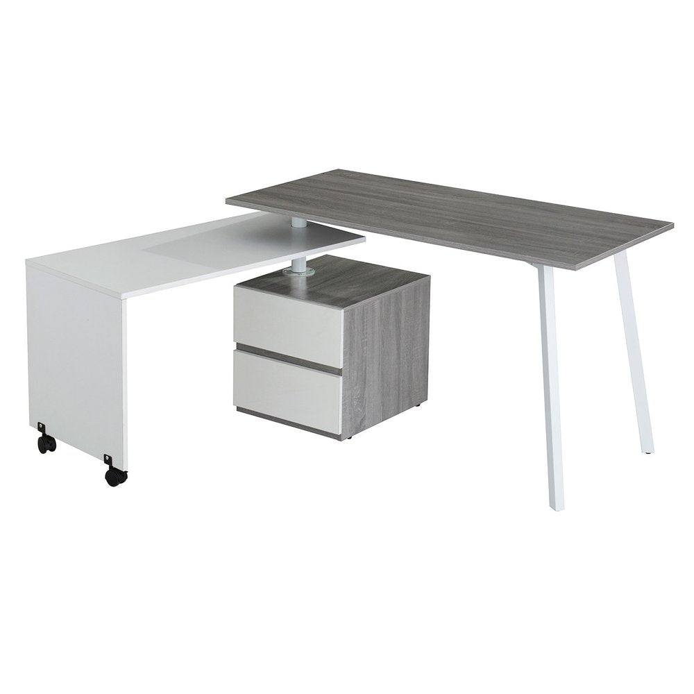 58" Gray and White Wood Adjustable Position Computer Desk With Two Drawer Cabinet