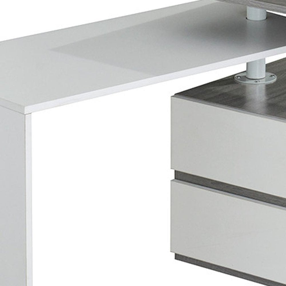 58" Gray and White Wood Adjustable Position Computer Desk With Two Drawer Cabinet