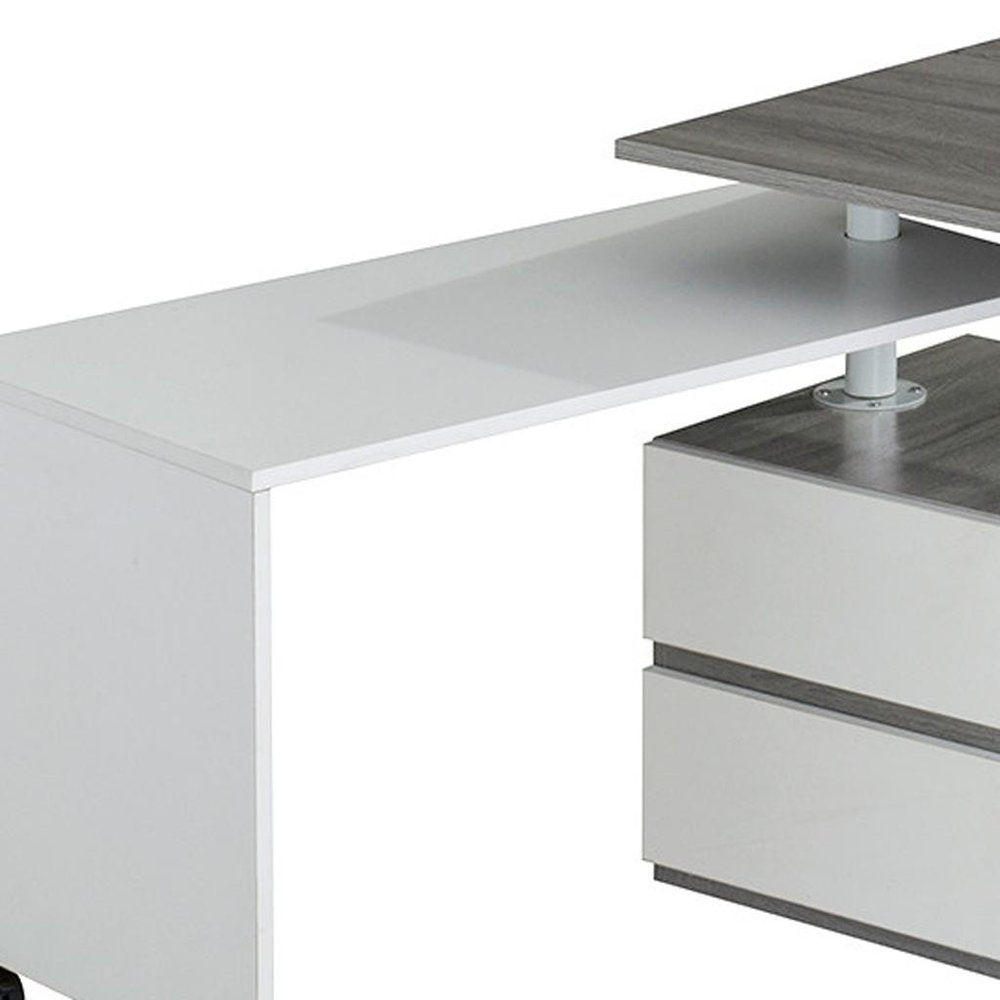 58" Gray and White Wood Adjustable Position Computer Desk With Two Drawer Cabinet