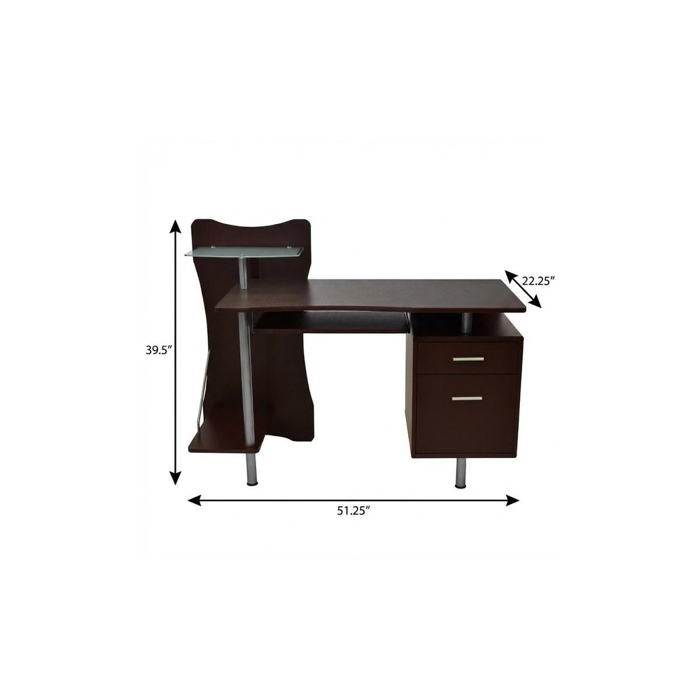51" Chocolate and Silver Wood and Steel Pedestal Computer Desk With Two Drawers