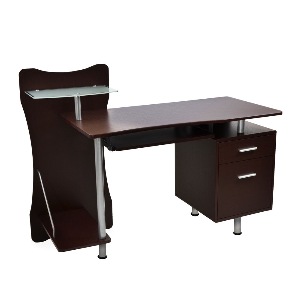 51" Chocolate and Silver Wood and Steel Pedestal Computer Desk With Two Drawers