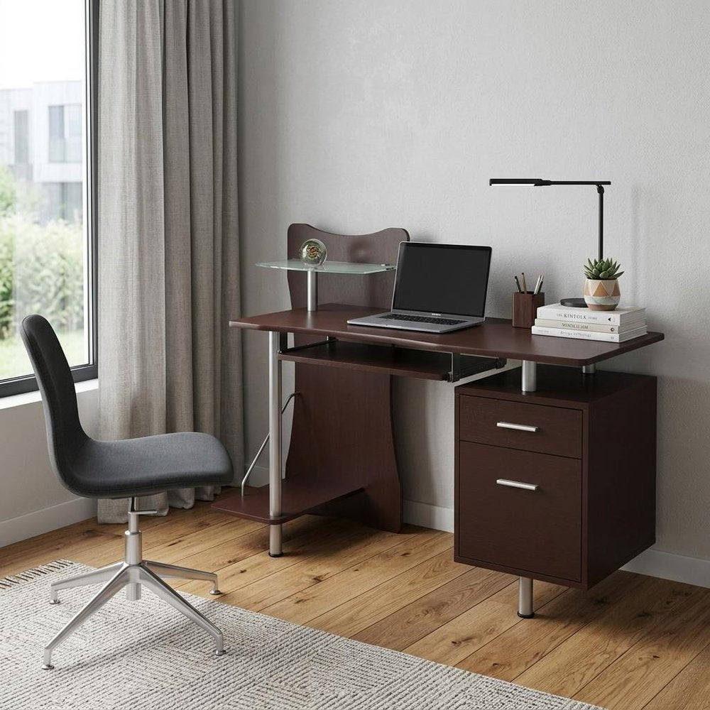 51" Chocolate and Silver Wood and Steel Pedestal Computer Desk With Two Drawers