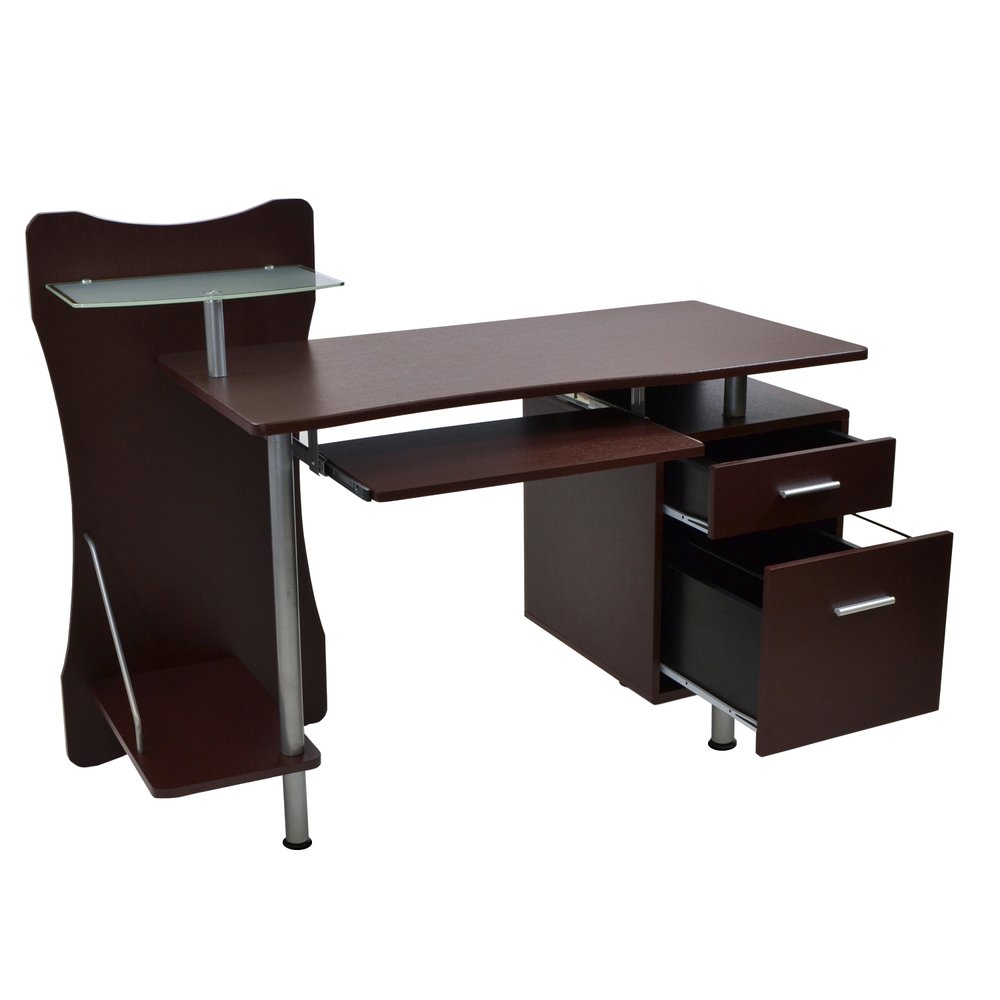 51" Chocolate and Silver Wood and Steel Pedestal Computer Desk With Two Drawers