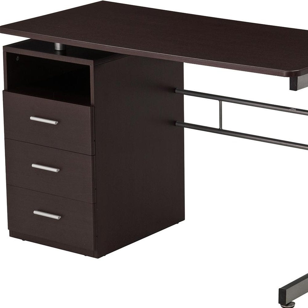 48" Chocolate Wood and Steel Pedestal Computer Desk With Three Drawers