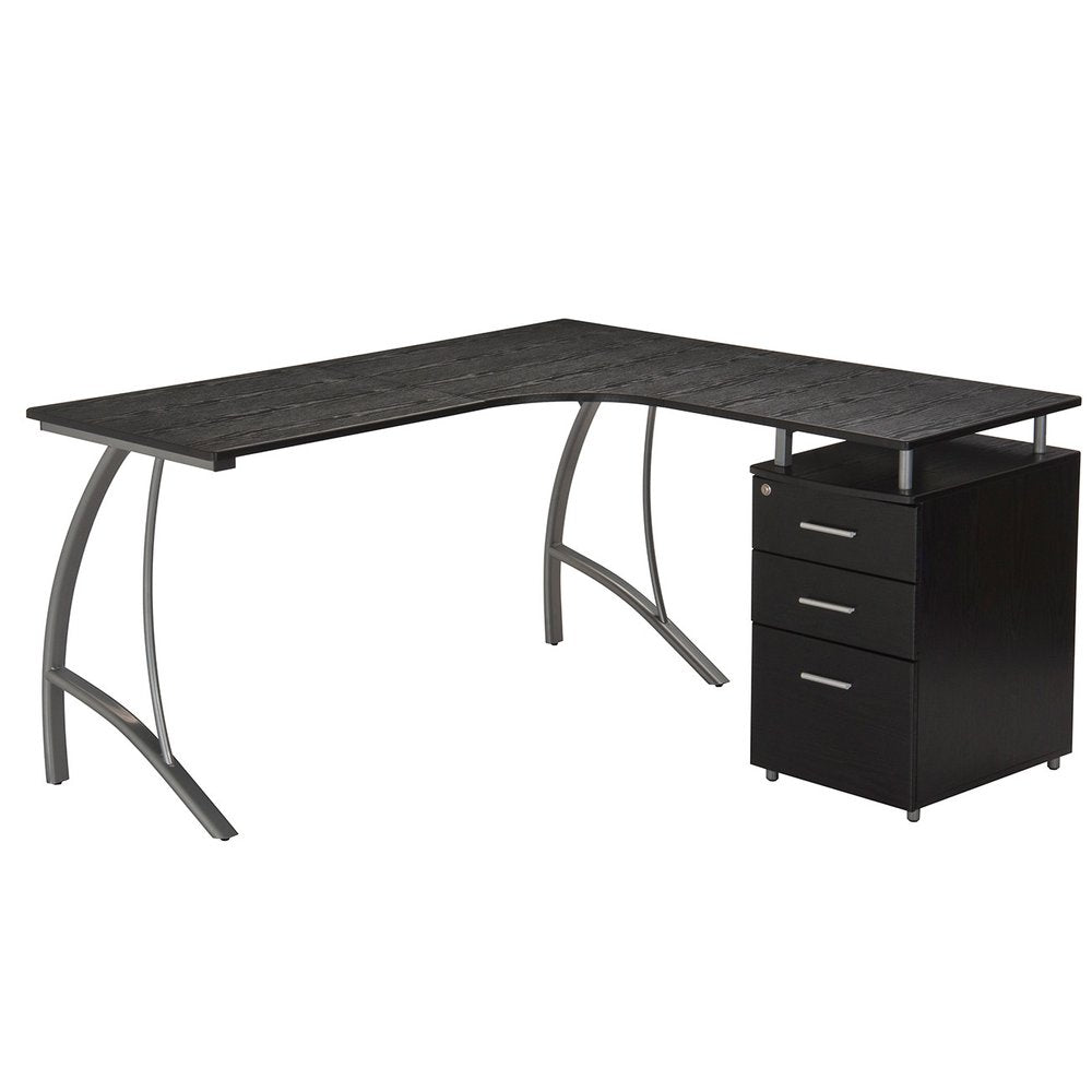59" Espresso and Silver Wood and Steel L Shape Pedestal Computer Desk With Three Drawers