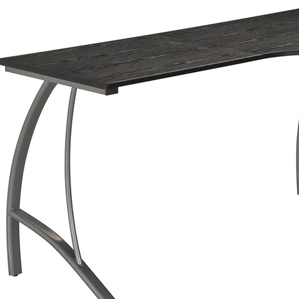 59" Espresso and Silver Wood and Steel L Shape Pedestal Computer Desk With Three Drawers