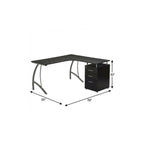 59" Espresso and Silver Wood and Steel L Shape Pedestal Computer Desk With Three Drawers