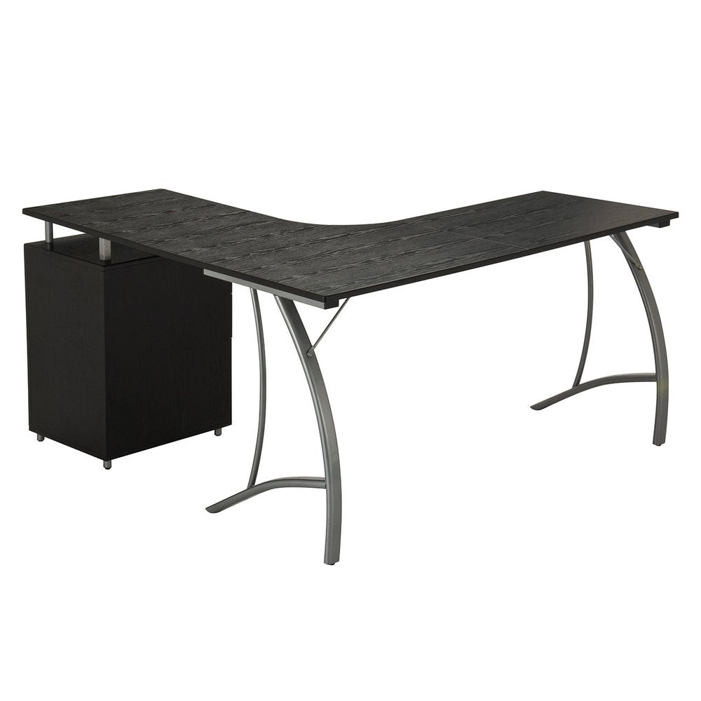 59" Espresso and Silver Wood and Steel L Shape Pedestal Computer Desk With Three Drawers