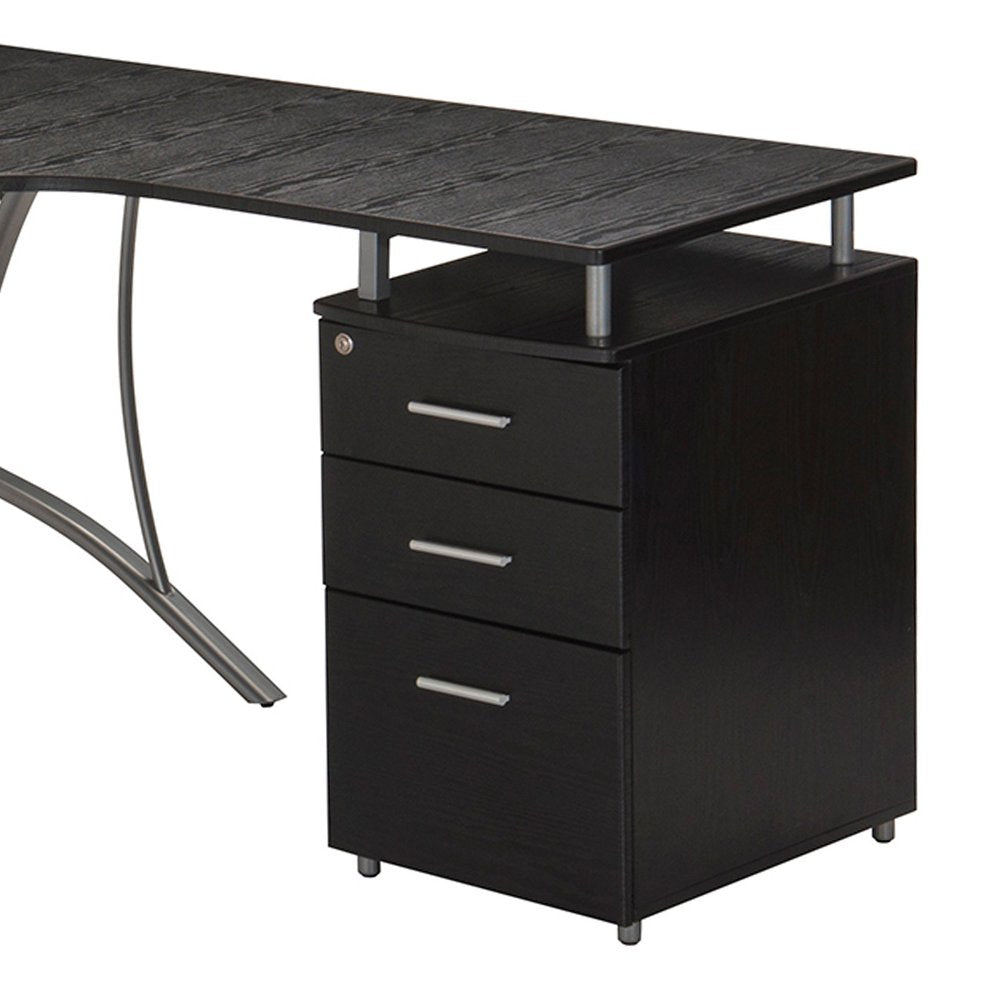 59" Espresso and Silver Wood and Steel L Shape Pedestal Computer Desk With Three Drawers
