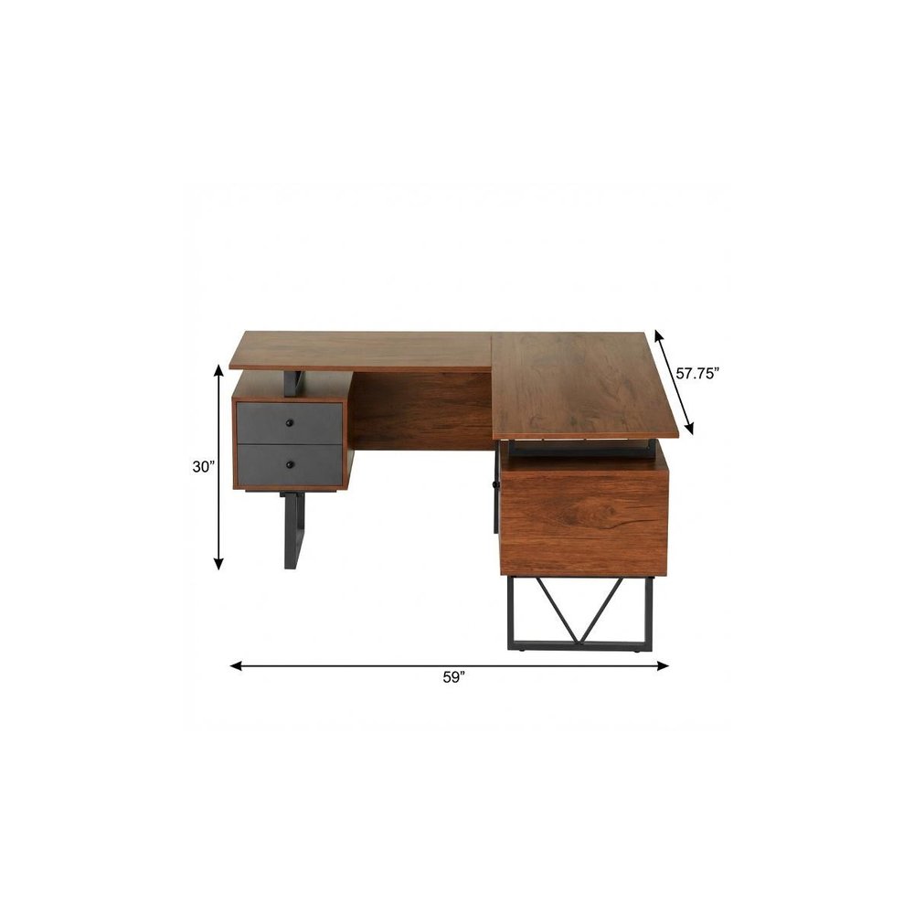 59" Walnut and Gray Wood and Steel L Shape Pedestal Computer Desk With Three Drawers