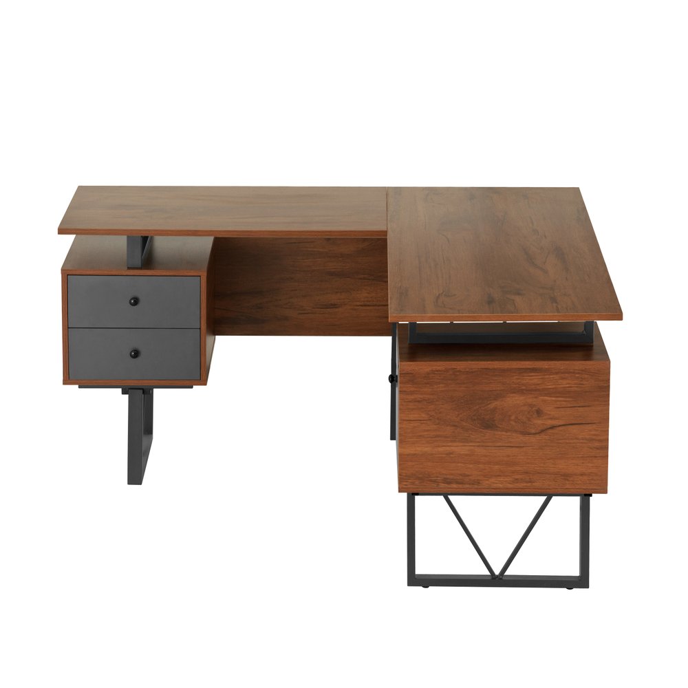 59" Walnut and Gray Wood and Steel L Shape Pedestal Computer Desk With Three Drawers
