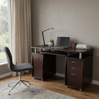 48" Chocolate Wood Pedestal Computer Desk With Two Cabinets And Two Drawers