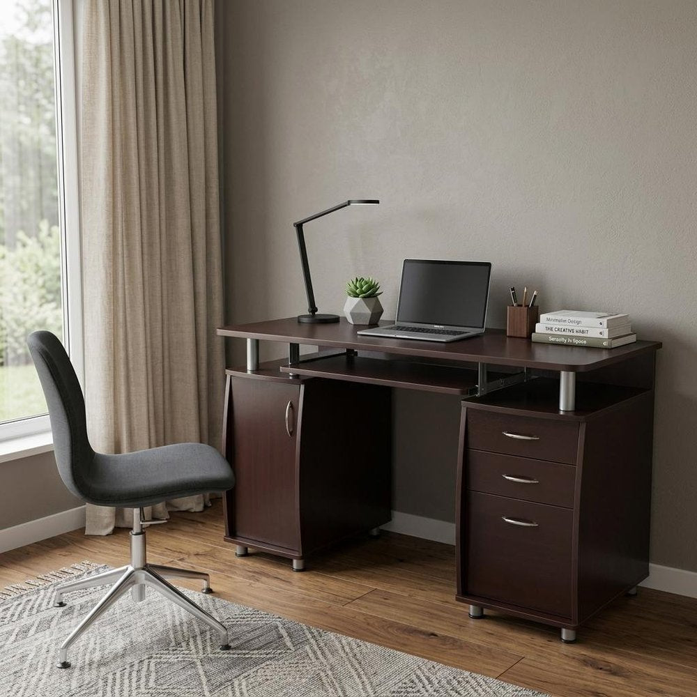 48" Chocolate Wood Pedestal Computer Desk With Two Cabinets And Two Drawers