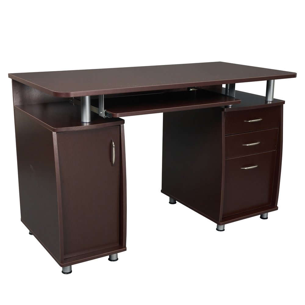 48" Chocolate Wood Pedestal Computer Desk With Two Cabinets And Two Drawers