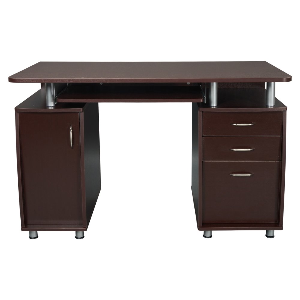 48" Chocolate Wood Pedestal Computer Desk With Two Cabinets And Two Drawers