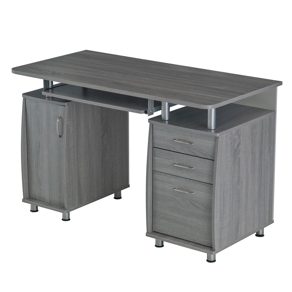 48" Gray Wood Pedestal Computer Desk With Two Cabinets And Two Drawers