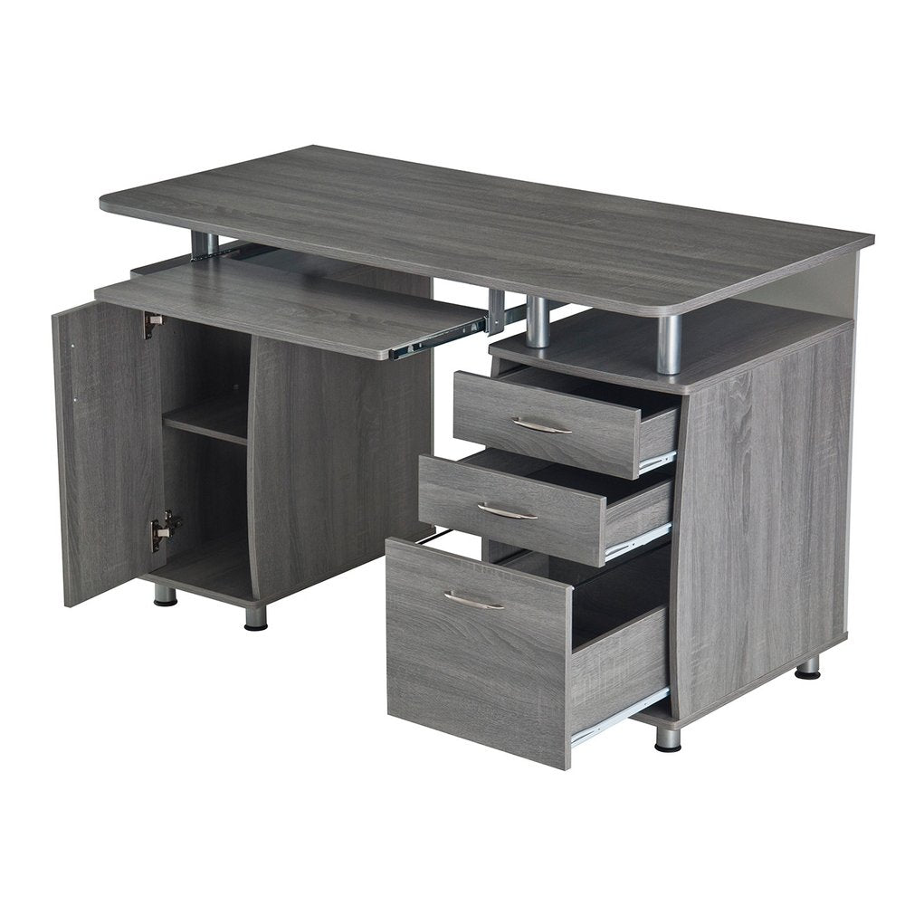 48" Gray Wood Pedestal Computer Desk With Two Cabinets And Two Drawers