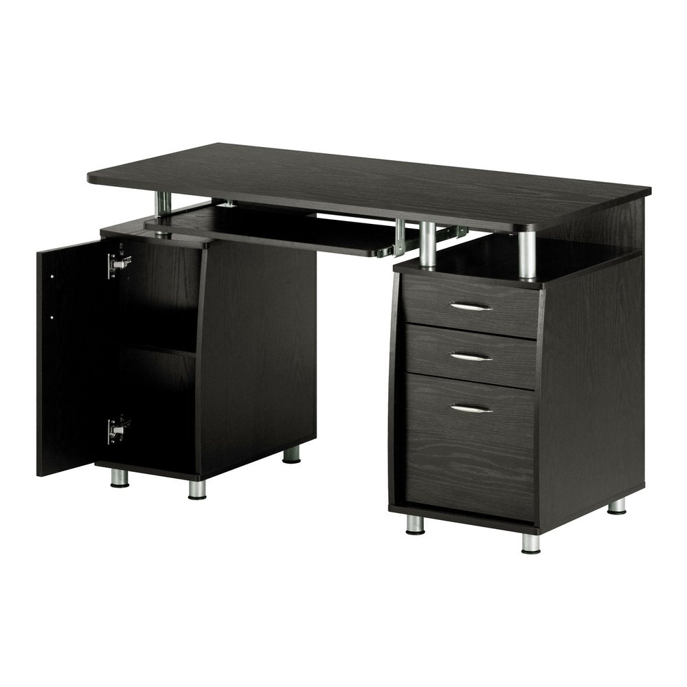 48" Espresso Wood Pedestal Computer Desk With Two Cabinets And Two Drawers