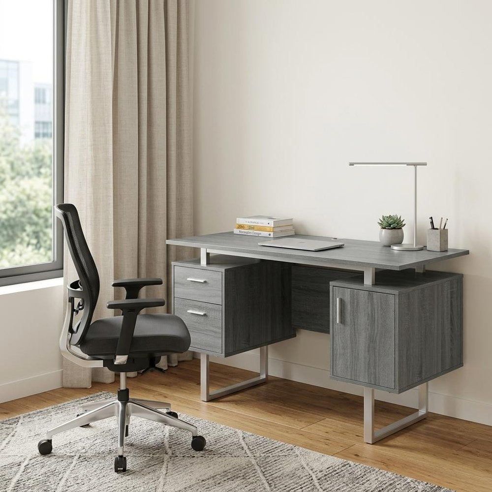 51" Gray and Silver Wood and Steel Pedestal Executive Desk With Two Drawers