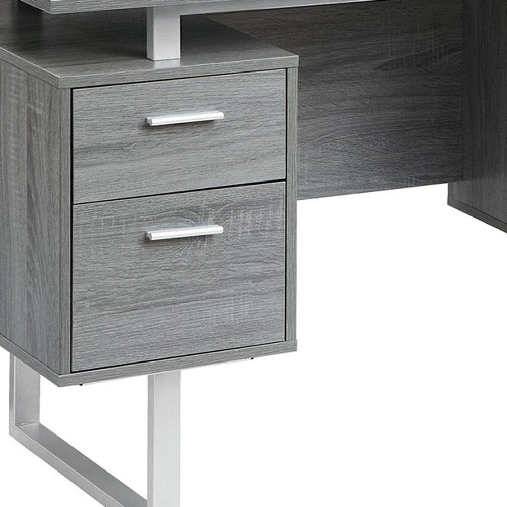 51" Gray and Silver Wood and Steel Pedestal Executive Desk With Two Drawers