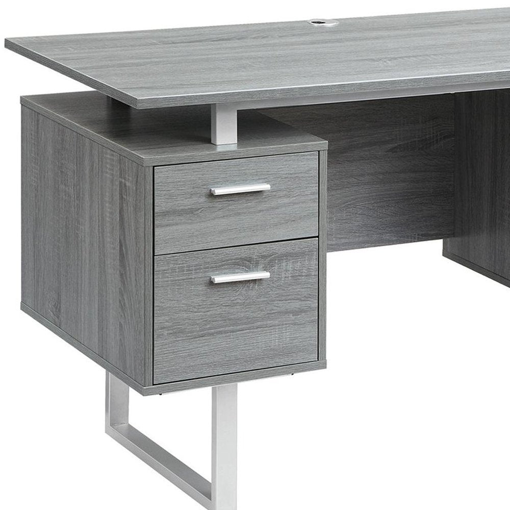 51" Gray and Silver Wood and Steel Pedestal Executive Desk With Two Drawers