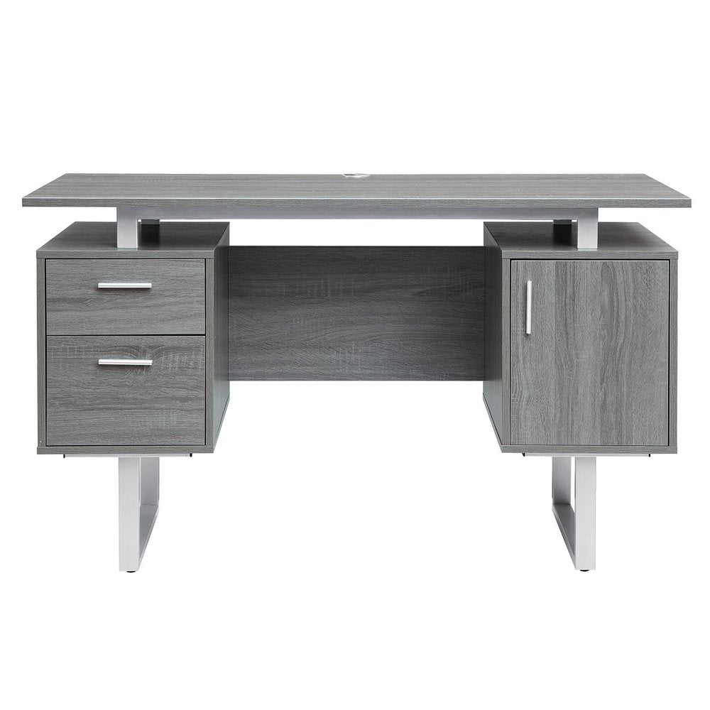 51" Gray and Silver Wood and Steel Pedestal Executive Desk With Two Drawers