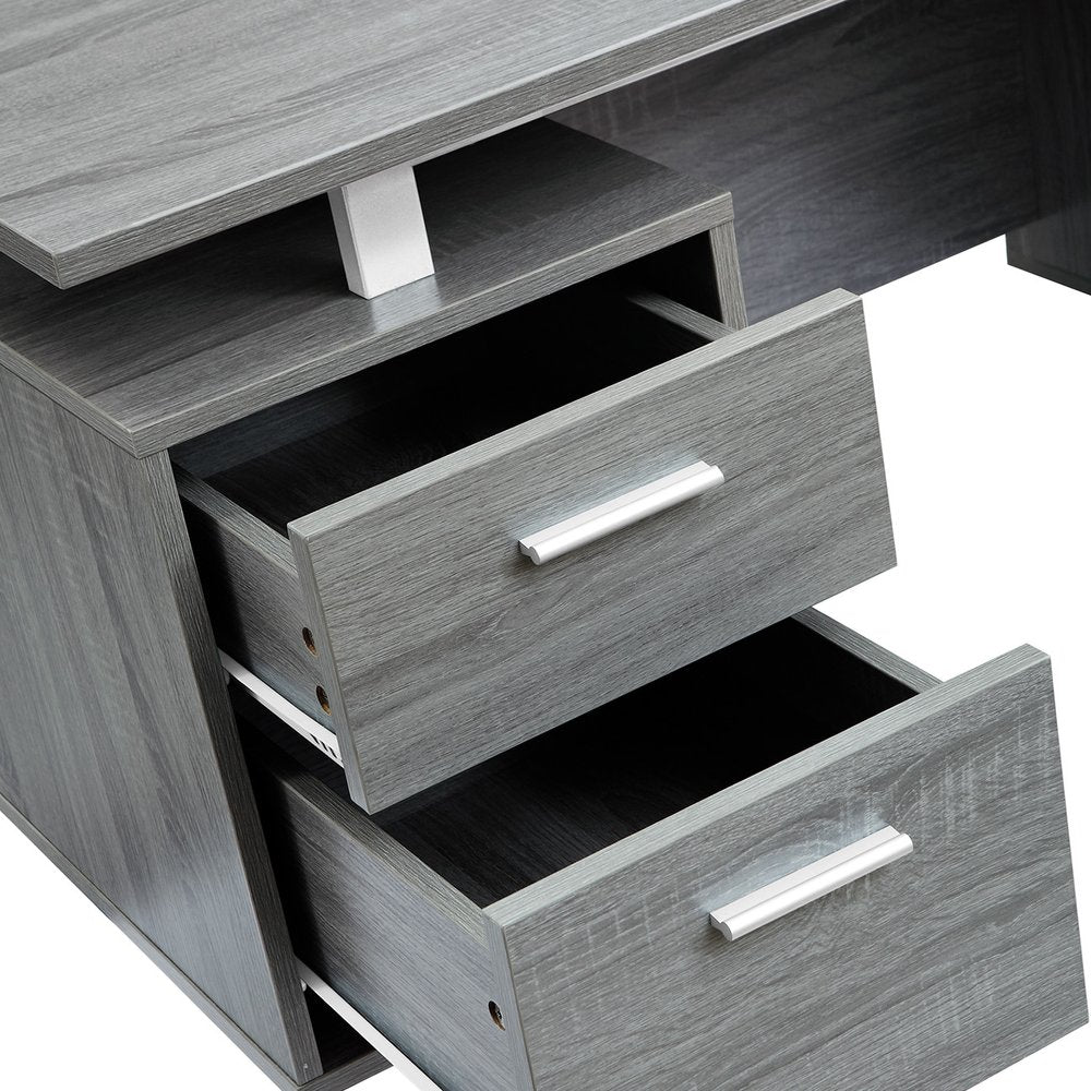 51" Gray and Silver Wood and Steel Pedestal Executive Desk With Two Drawers