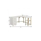 59" White and Gold Wood and Steel L Shape Pedestal Computer Desk With Three Drawers
