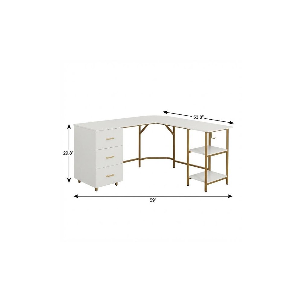59" White and Gold Wood and Steel L Shape Pedestal Computer Desk With Three Drawers