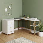 59" White and Gold Wood and Steel L Shape Pedestal Computer Desk With Three Drawers
