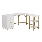 59" White and Gold Wood and Steel L Shape Pedestal Computer Desk With Three Drawers