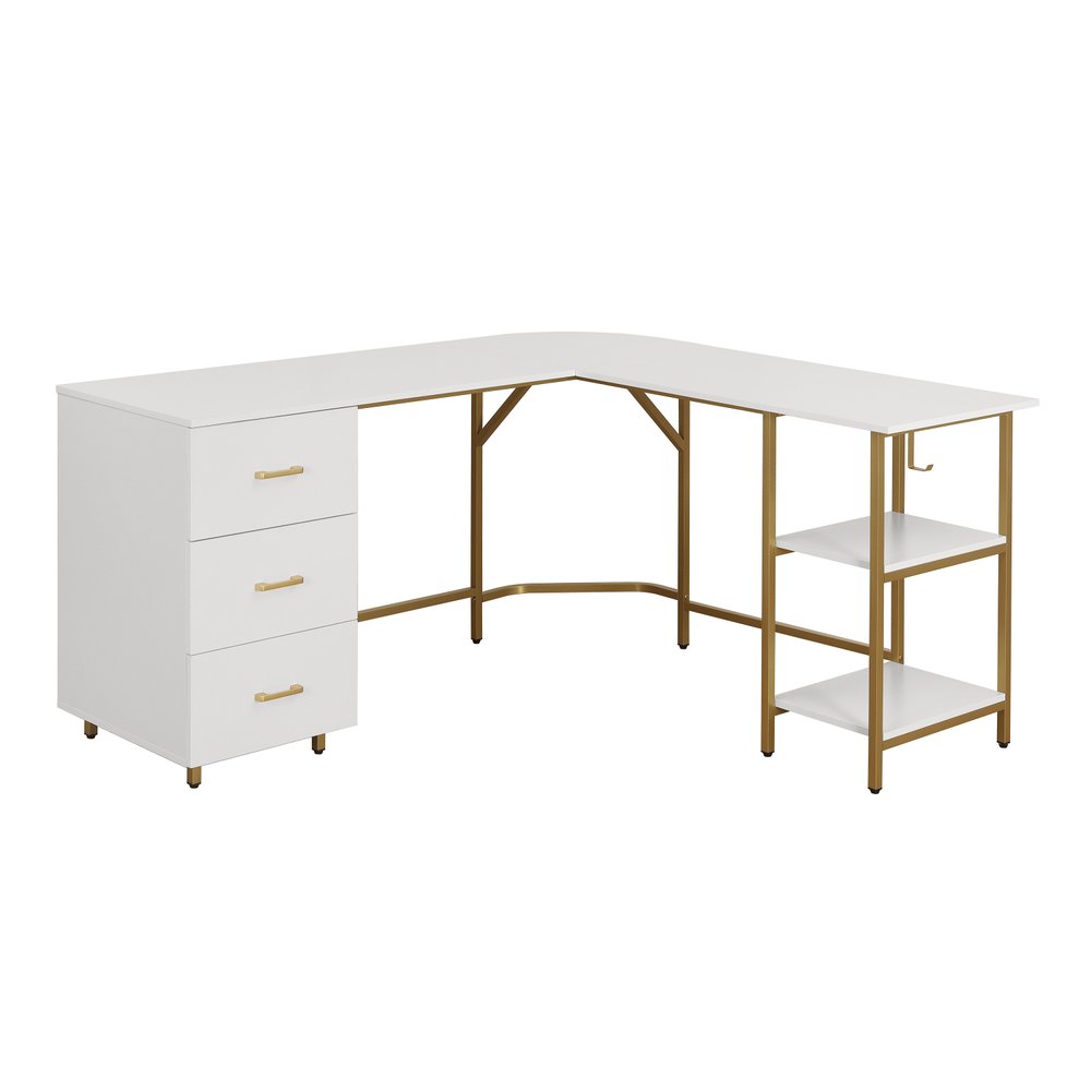59" White and Gold Wood and Steel L Shape Pedestal Computer Desk With Three Drawers